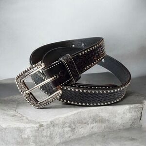 Ariat Mens Black Leather Western Belt Basketweave Studded Silver Buckle 42